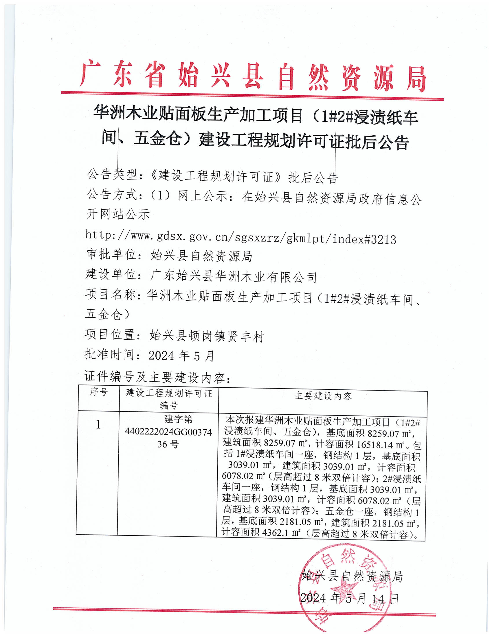 华洲木业贴面板生产加工项目（1#2#浸渍纸车间、五金仓）办理《建设工程规划许可证》批后公告.jpg