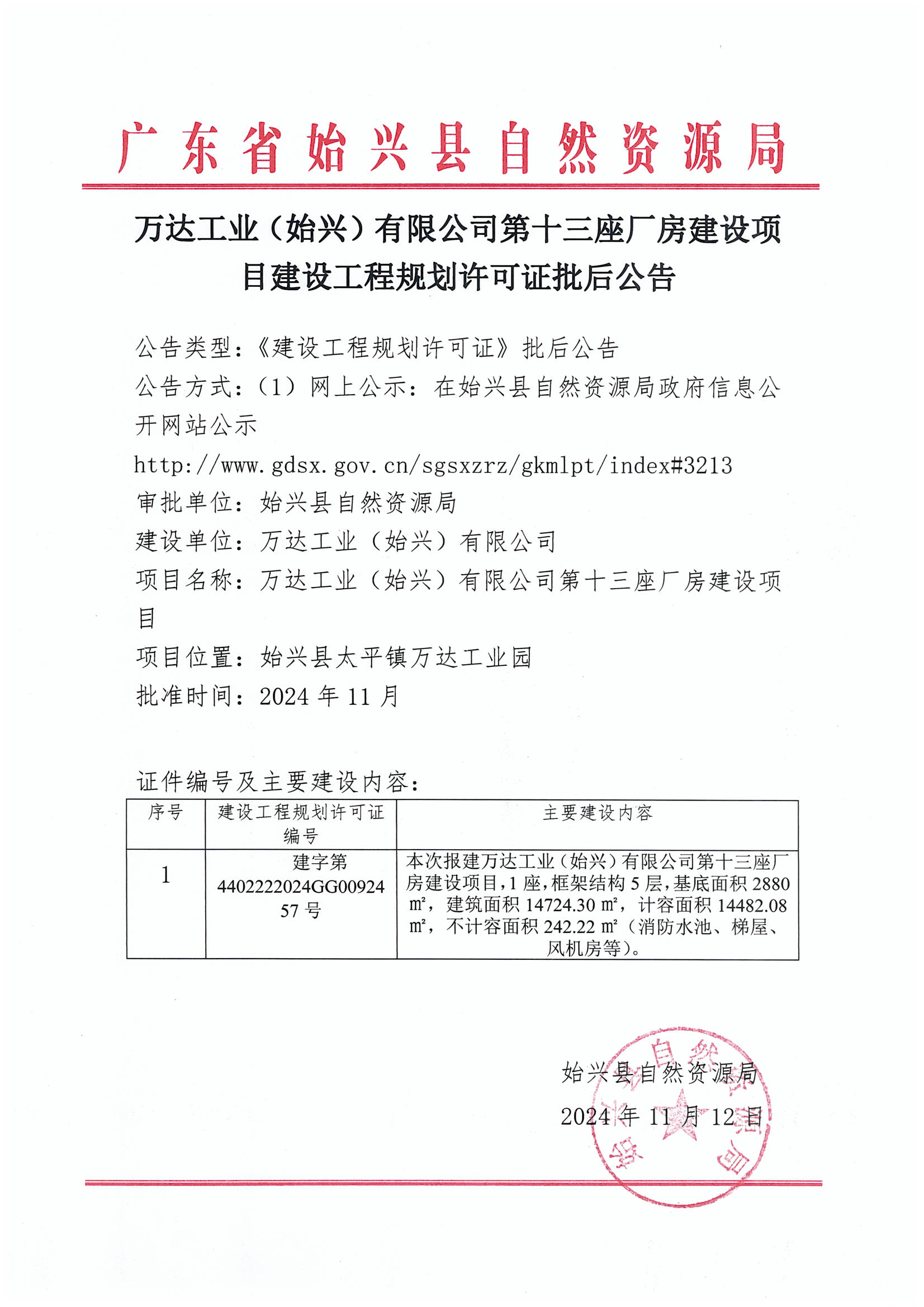 万达工业（始兴）有限公司第十三座厂房建设项目建设工程规划许可证批后公告.jpg