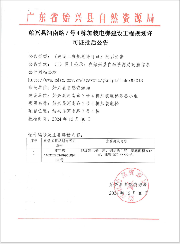 始兴县河南路7号4栋加装电梯建设工程规划许可批后公示公告.png