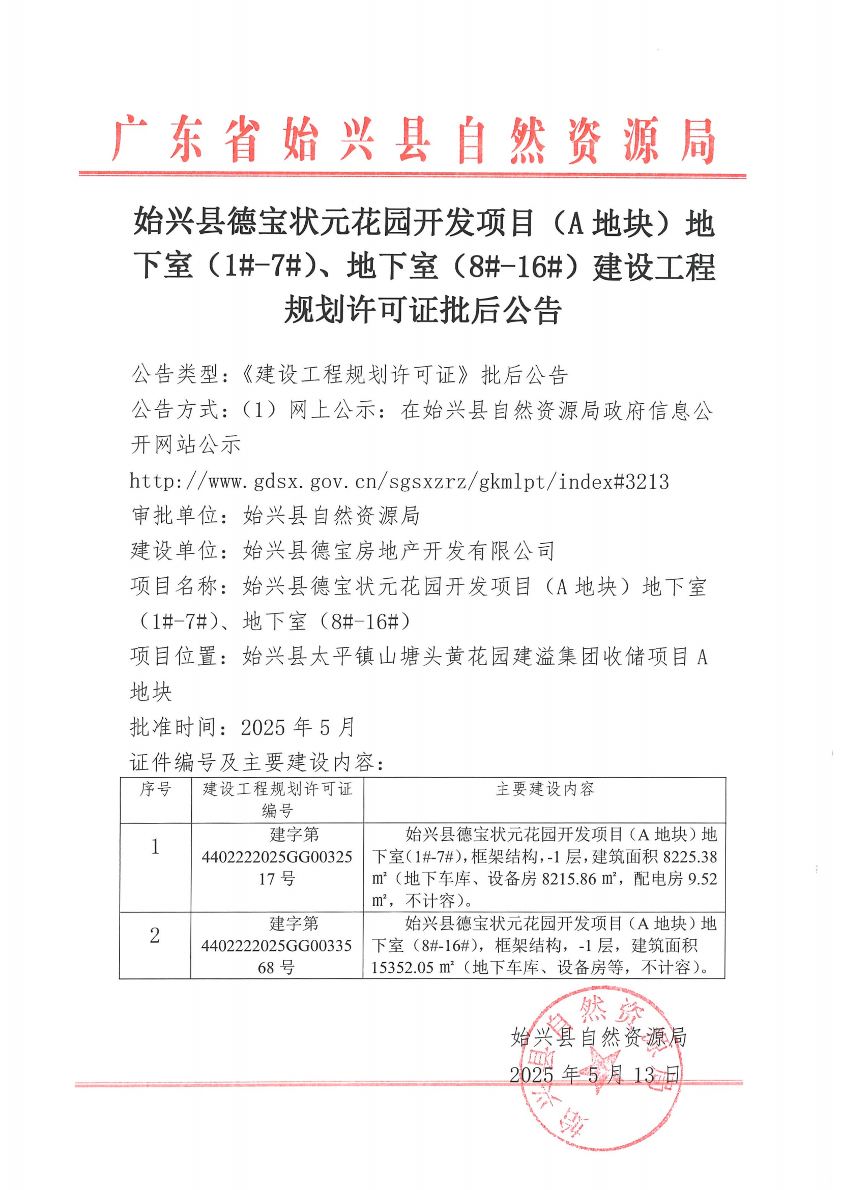 始兴县德宝状元花园开发项目（A地块）地下室（1#-7#）、地下室（8#-16#）建设工程规划许可证批后公告.png