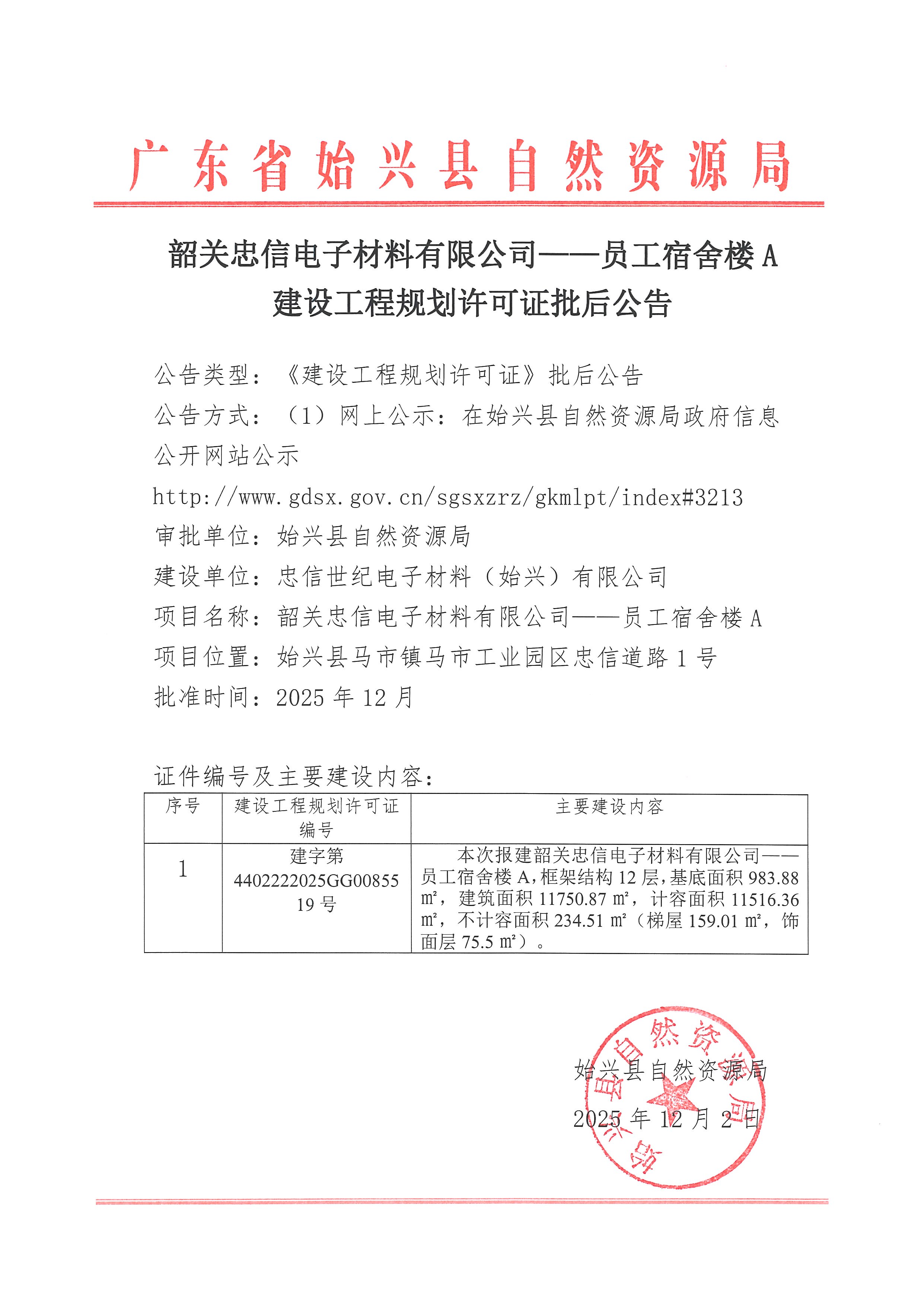 韶关忠信电子材料有限公司——员工宿舍楼A办理《建设工程规划许可证》批后公告.jpg